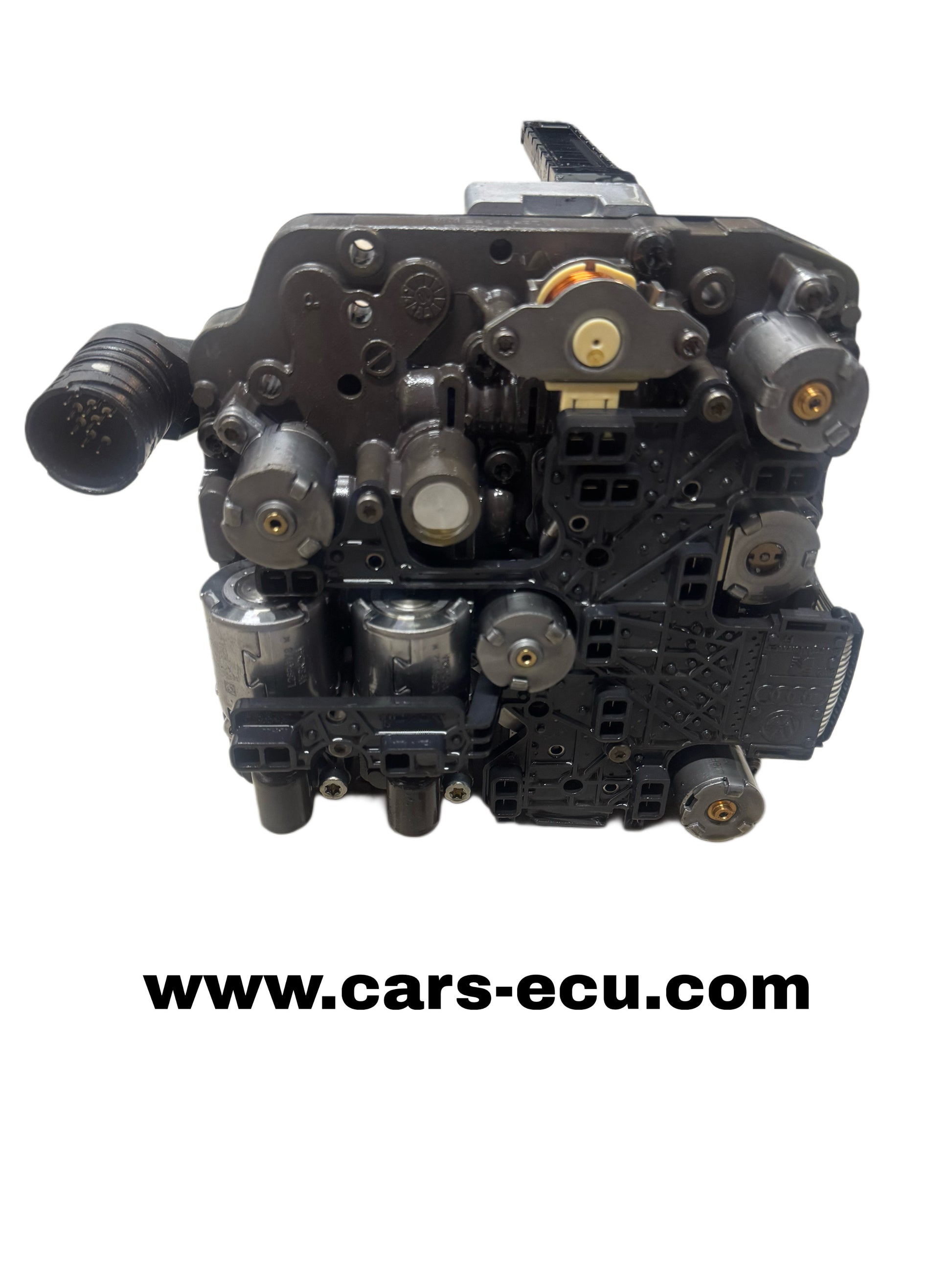 02E927770AL DQ250 valve body side view showing hydraulic solenoids, pressure sensors, and control channels